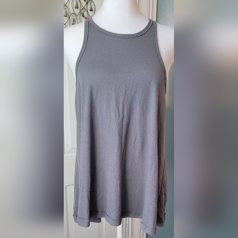 Free People Long Beach Tank Womens M Charcoal Racerback Swing Style Ribbed EUC